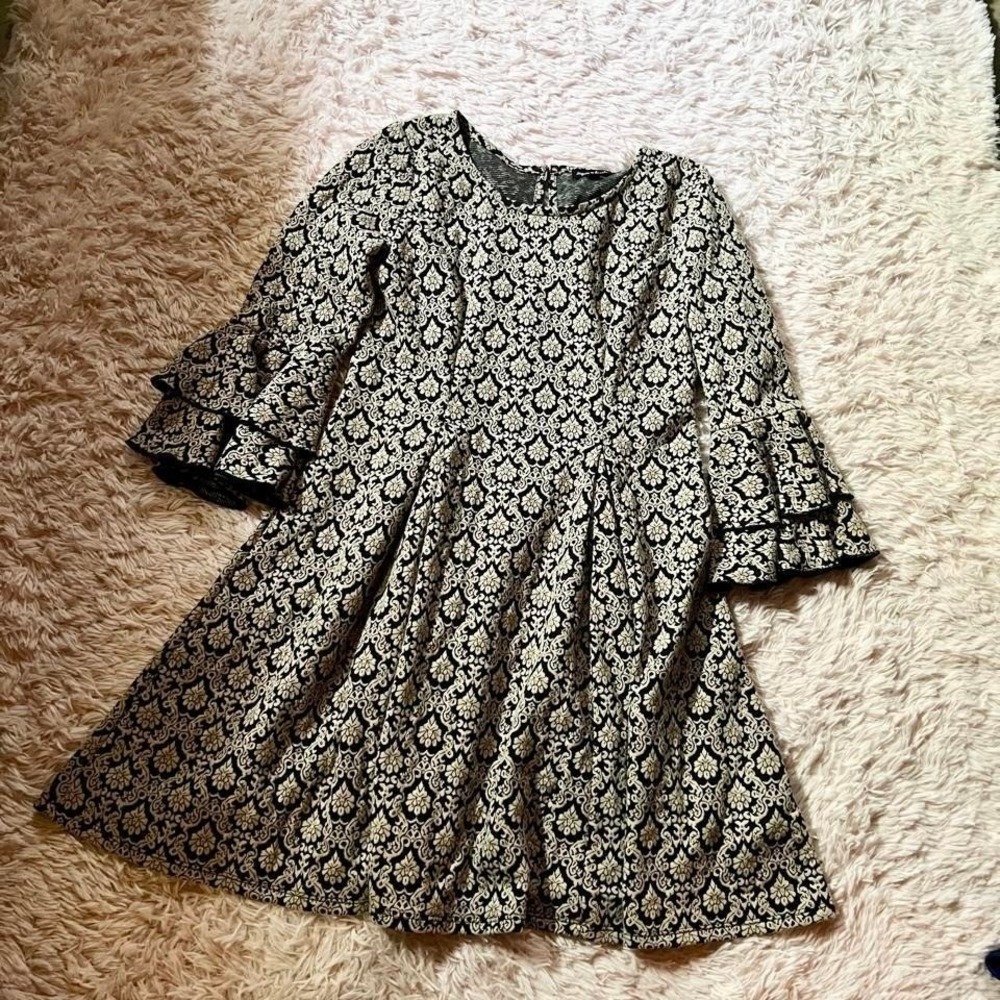 Jacquard Retro Victorian Ruffle Bell Sleeve French Regal Country Dress Womens L